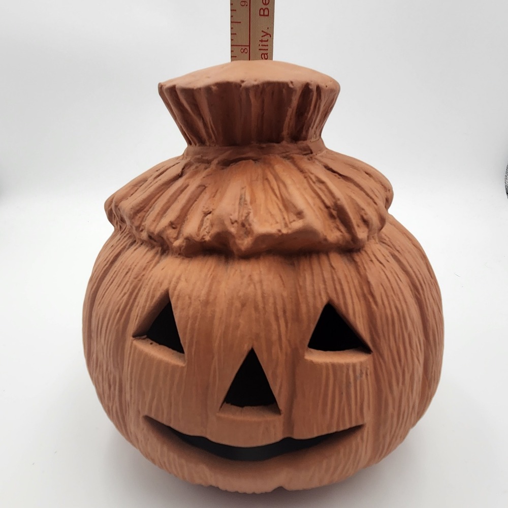 Terracotta Pottery Jack O Lantern Scarecrow Pumpkin Candle Holder Luminary 8" - Picture 9 of 10